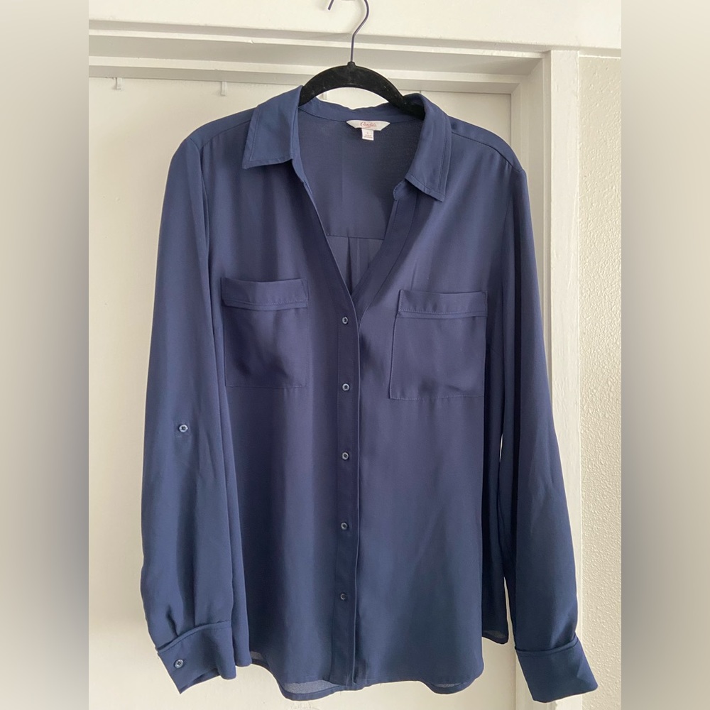 Candies navy, collard button up shirt, long sleeves, roll up button sleeves